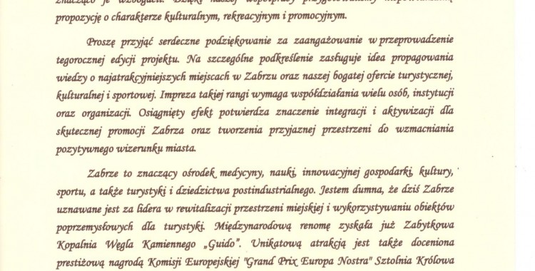 Podziękowania dla MOSiR Zabrze za udział w wydarzeniu promocyjnym ,,Zabrze nie tylko na weekend"